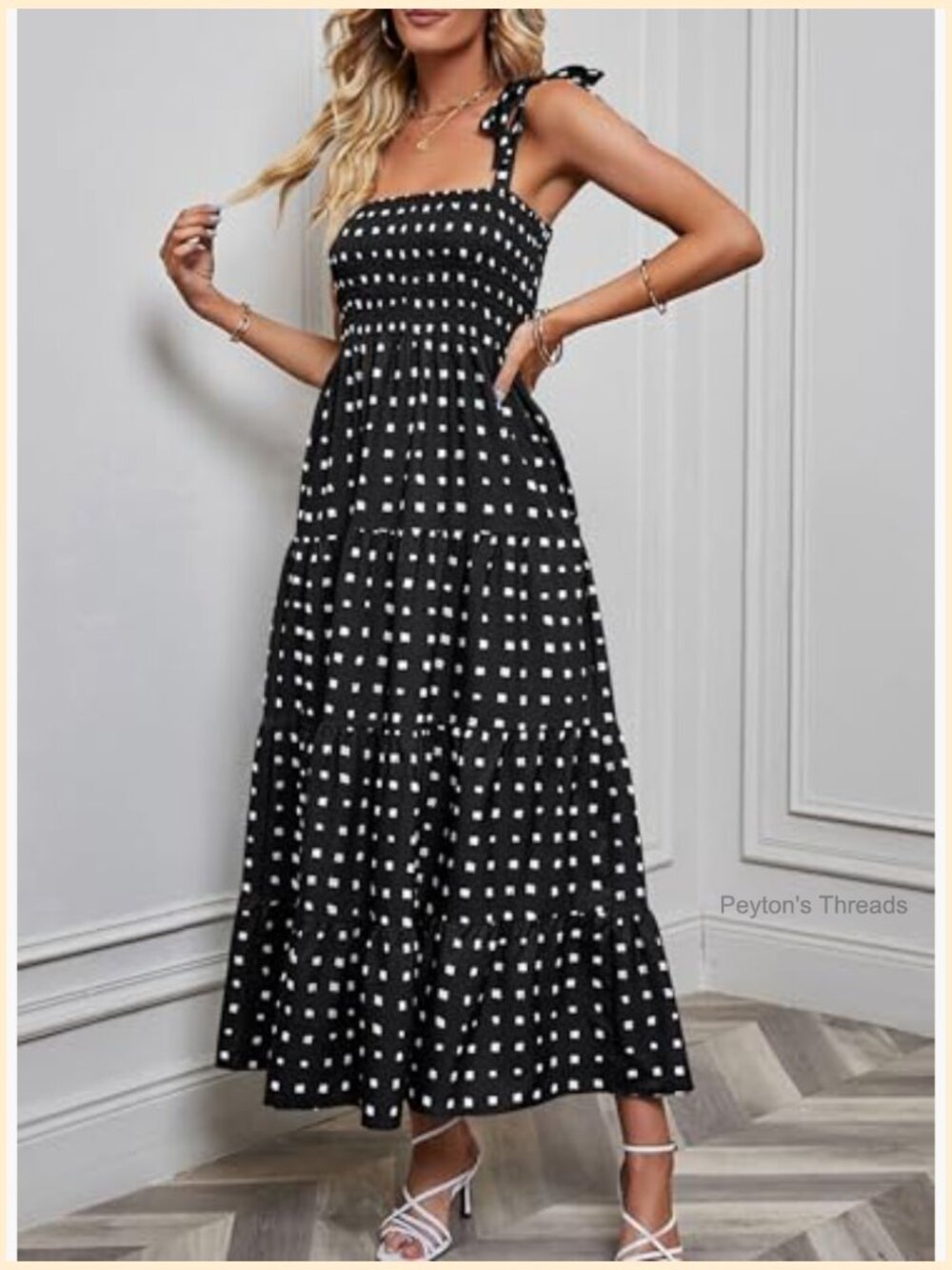 Long Strappy Tie Shoulders Flowy A-Line Maxi Tiered Beach Sundress - Picture 4 of 7